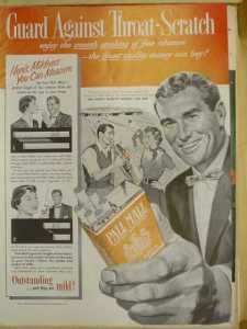 Pall Mall Cigarettes. Guard against throat scratch (1953)